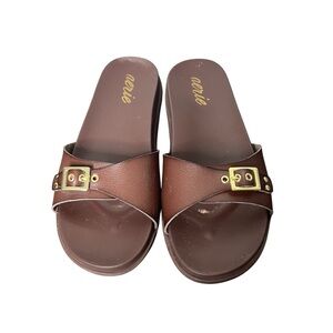 Aerie Chocolate Brown Gold Buckle Slide Sandals Beachy Boho Resortwear